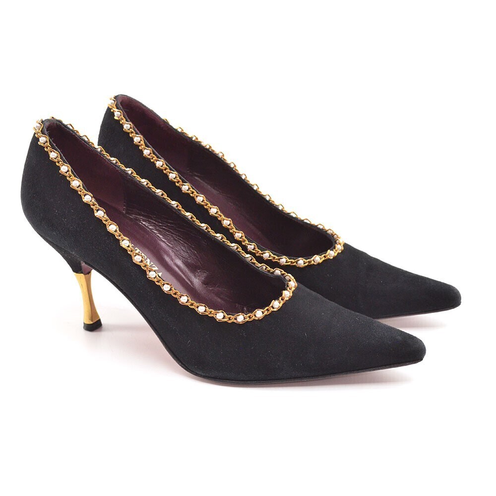 Ramon Tenza Black Suede Pearl Trim Gold Heel Pump 7.5 B